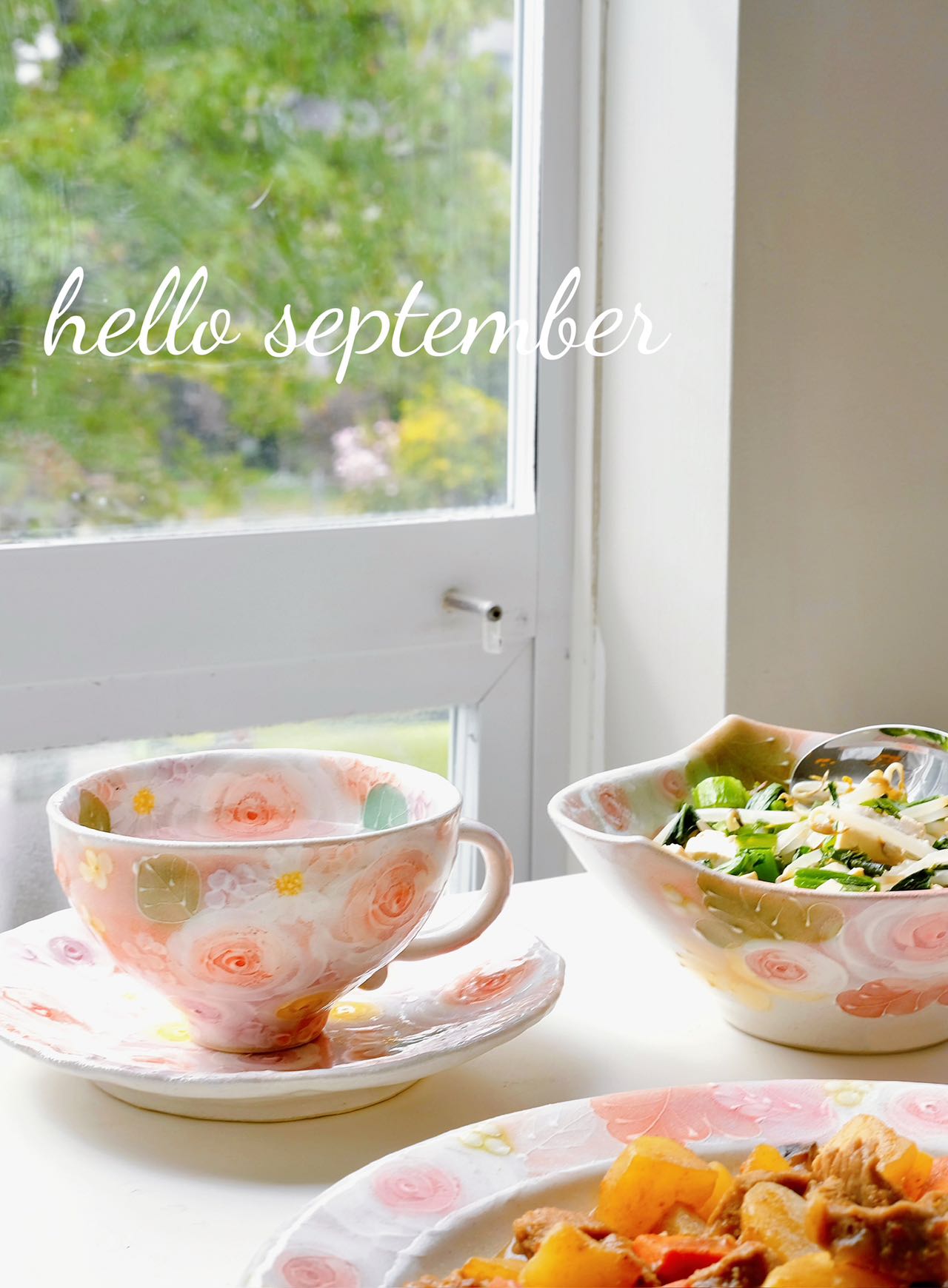 Yuzuriha Flower Scenery Noodle Bowl with Pink Roses