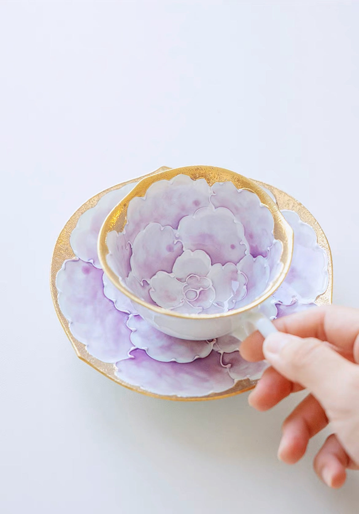 Aritayaki Double Sided Golden Silver Peony Cups and Saucers - Purple