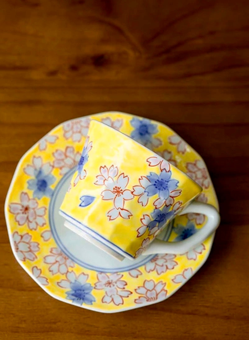 Arita Ware Artist Yellow Coffee Cup with Yellow Flower