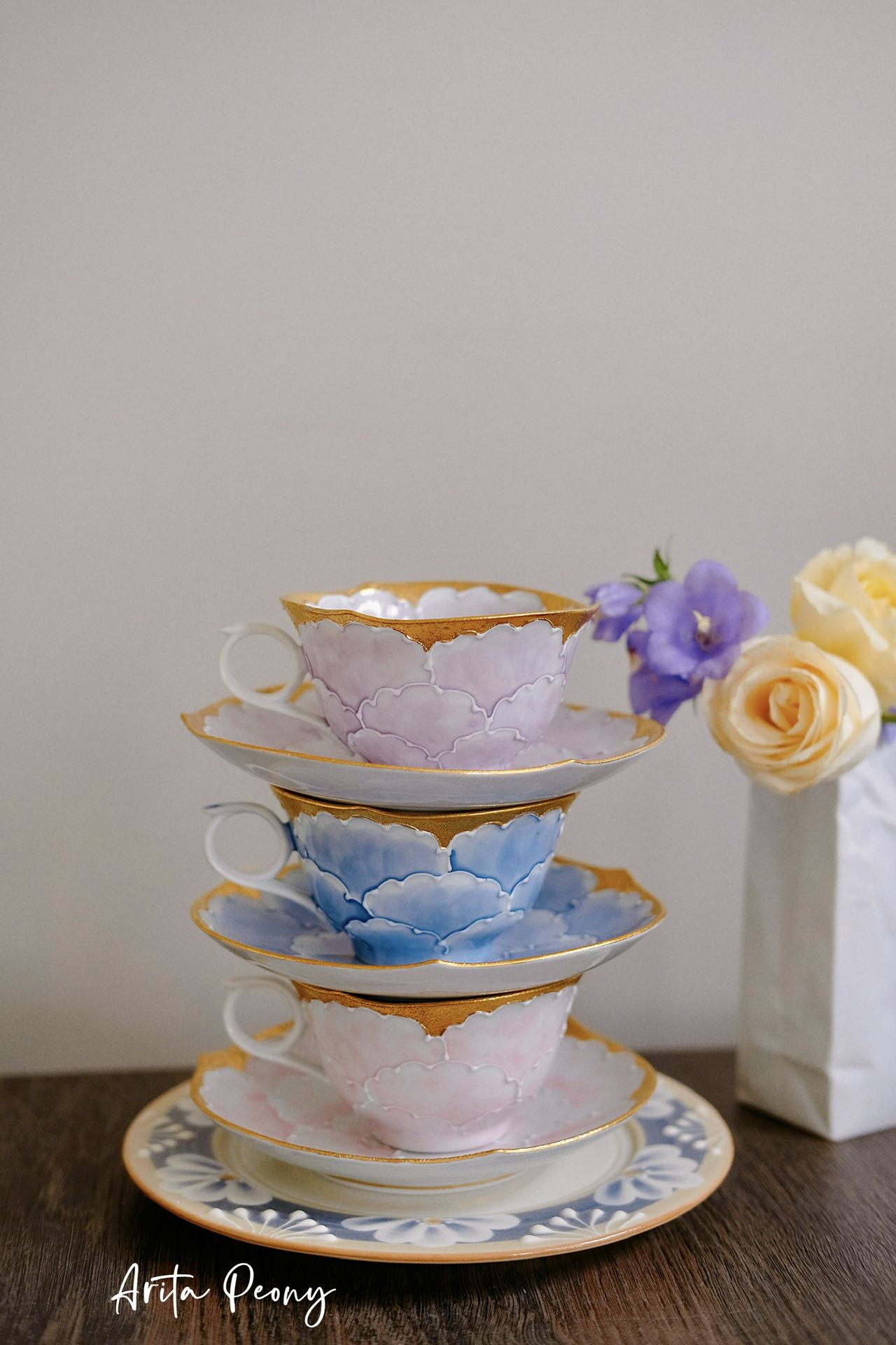 Aritayaki Double Sided Golden Silver Peony Cups and Saucers - Purple