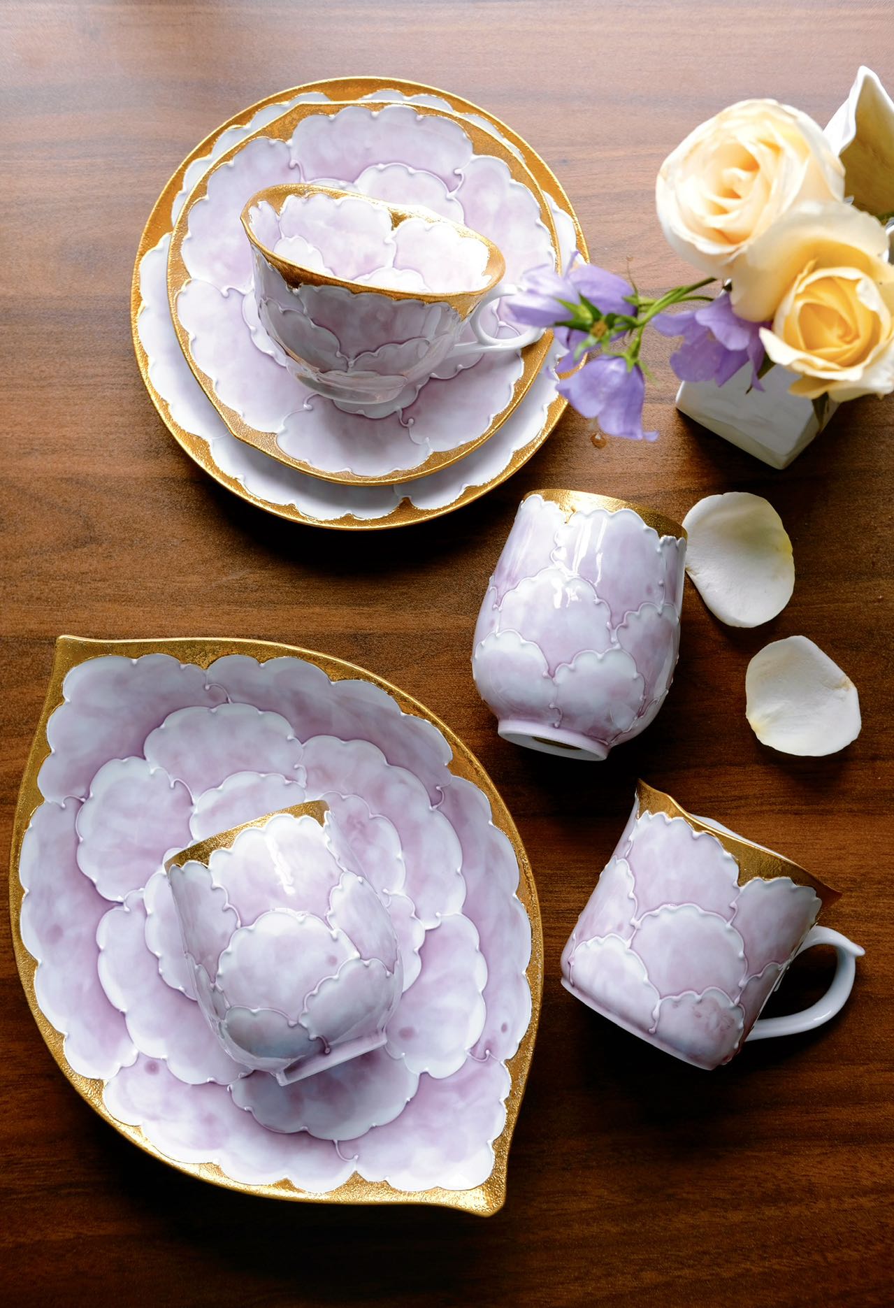 Aritayaki Double Sided Golden Silver Peony Cups and Saucers - Purple