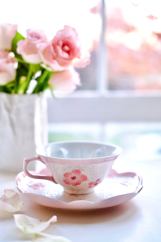 Arita ware Light Pink Glaze Iris Cherry Blossom Coffee Cup and Plate