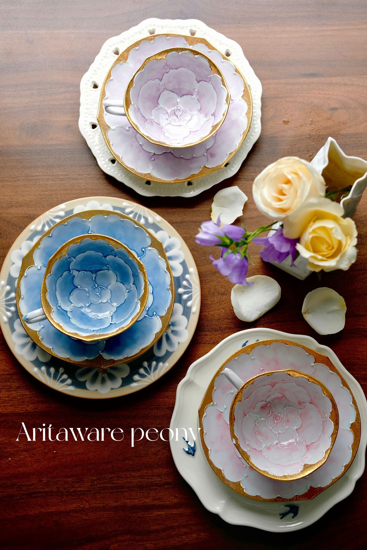 Aritayaki Double Sided Golden Silver Peony Cups and Saucers - Purple