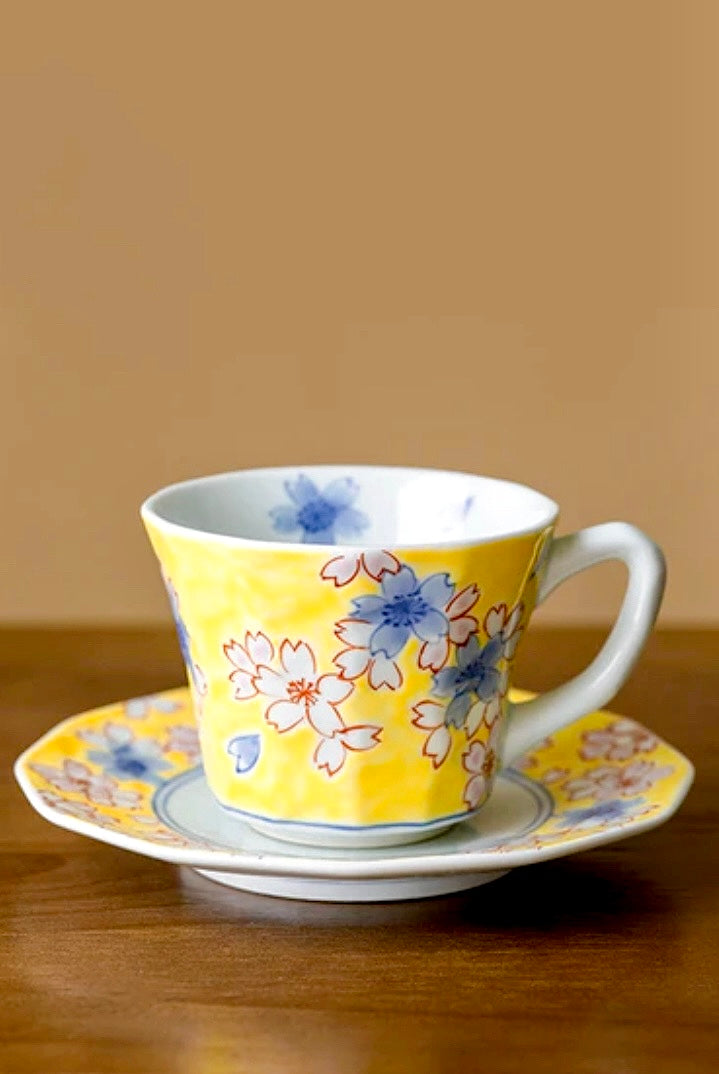 Arita Ware Artist Yellow Coffee Cup with Yellow Flower