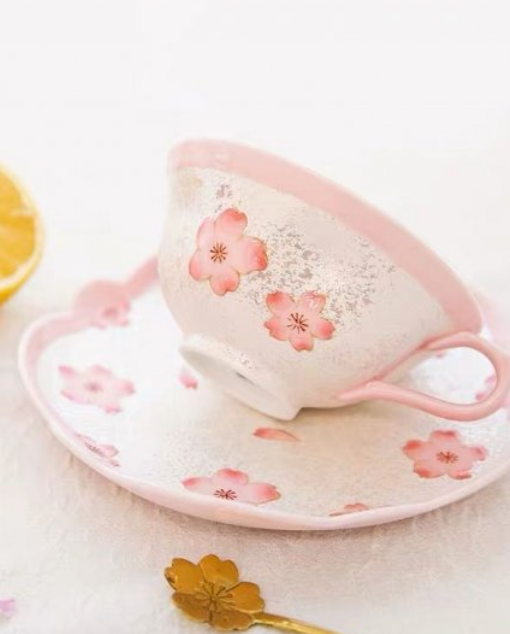 Arita ware Light Pink Glaze Iris Cherry Blossom Coffee Cup and Plate