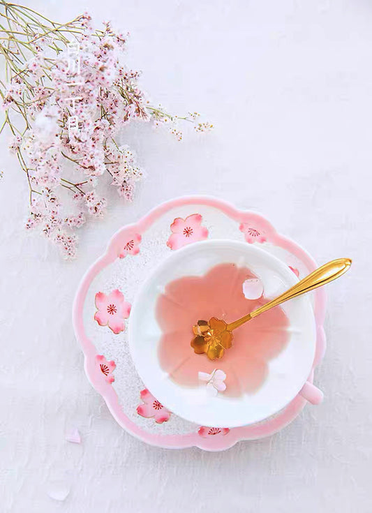 Arita ware Light Pink Glaze Iris Cherry Blossom Coffee Cup and Plate