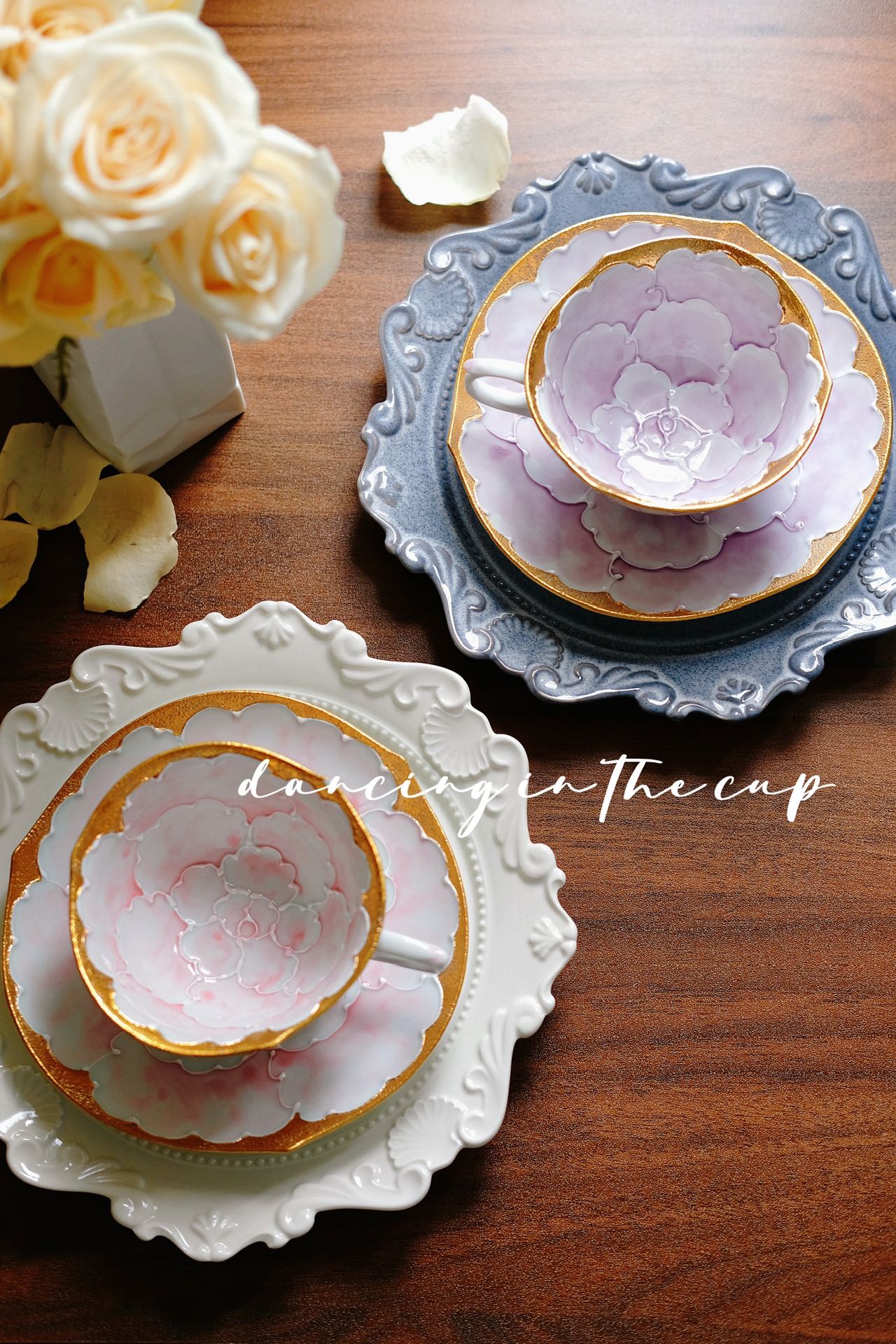 Aritayaki Double Sided Golden Silver Peony Cups and Saucers - Purple