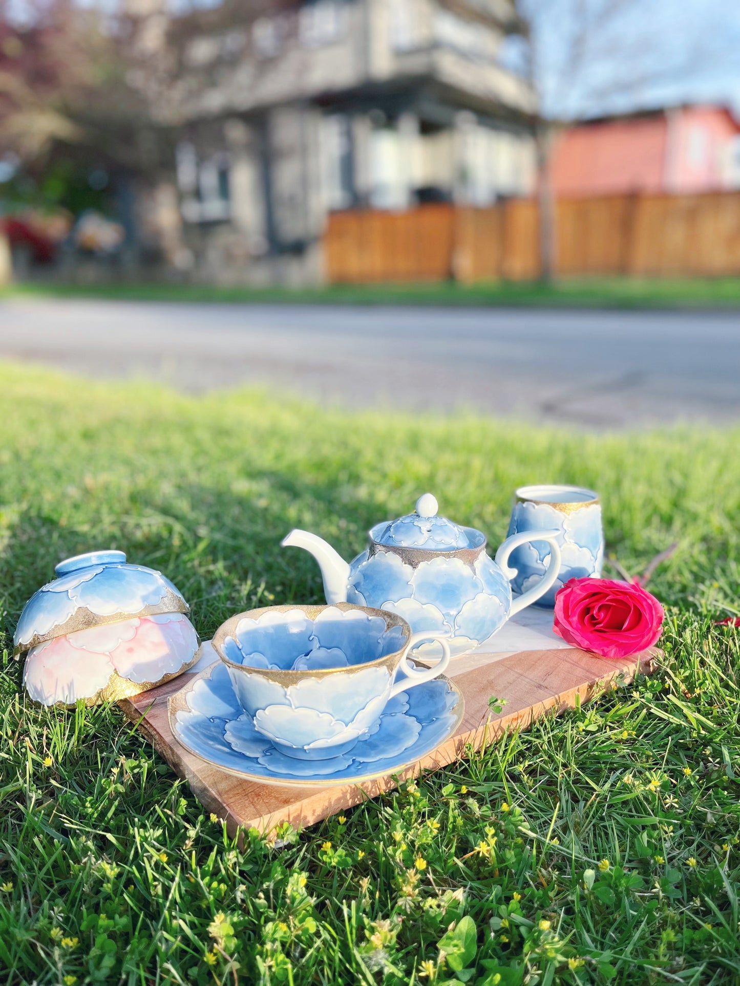 Arita Golden Pink and Silver Blue Peony Pots