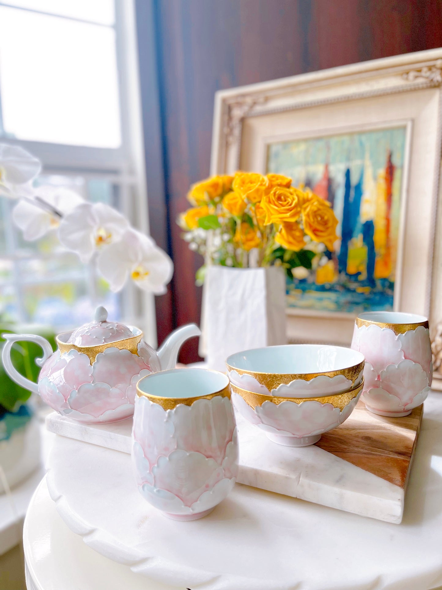 Arita Golden Pink and Silver Blue Peony Pots