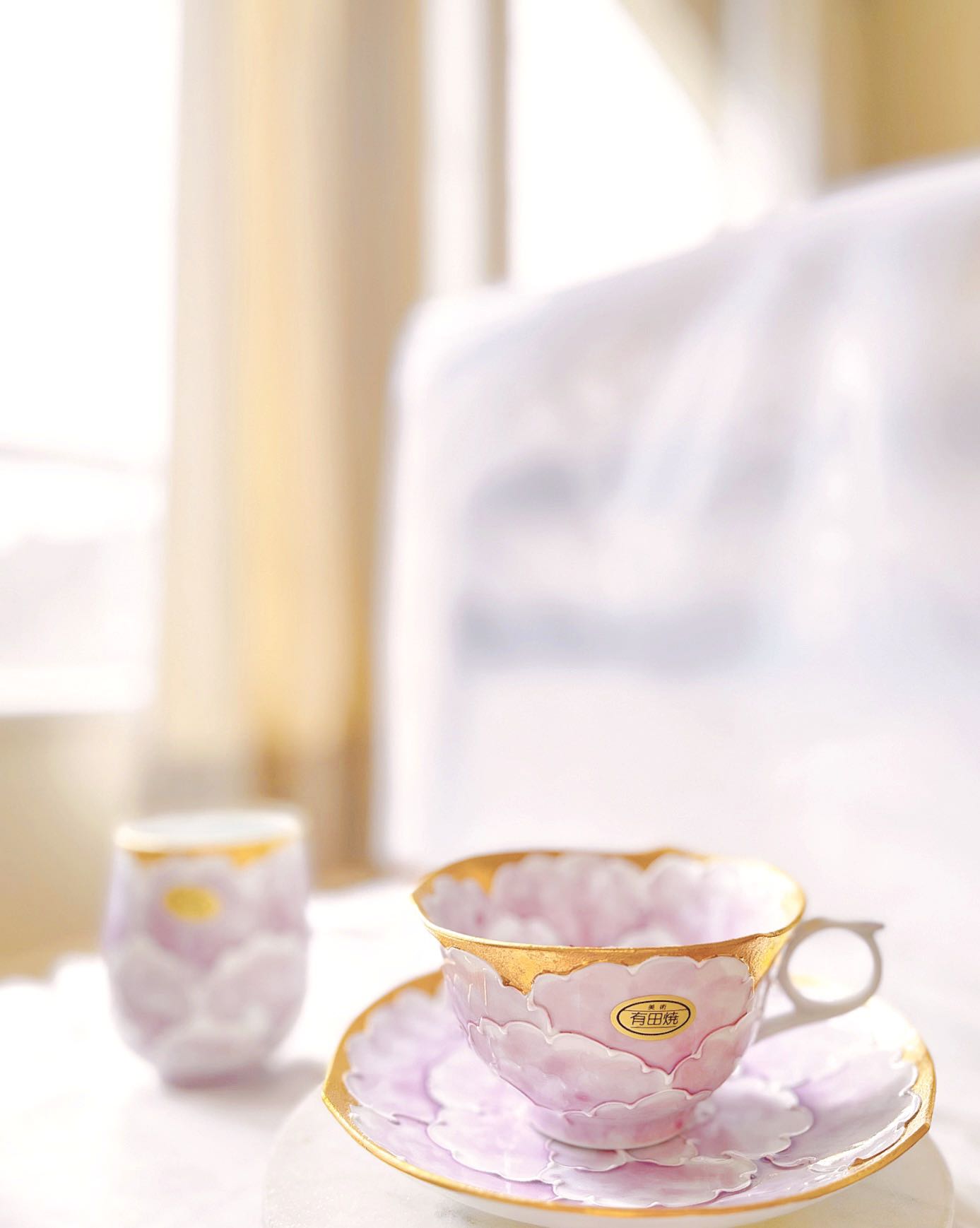 Aritayaki Double Sided Golden Silver Peony Cups and Saucers - Purple