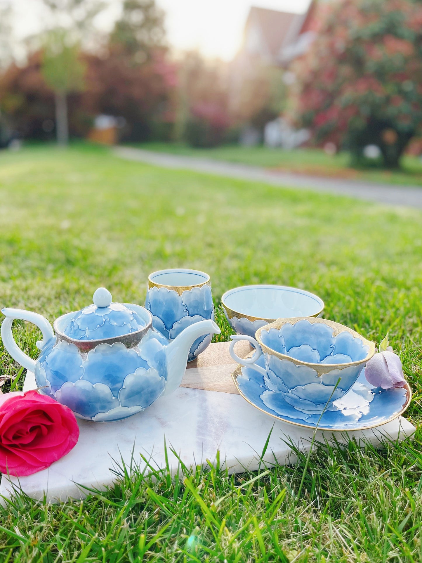 Arita Golden Pink and Silver Blue Peony Pots