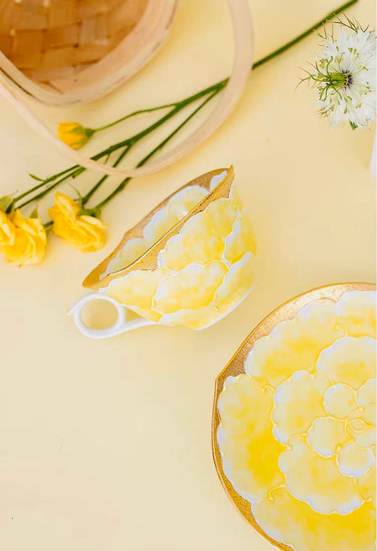 Aritayaki Golden Double Sided Peony Cups and Saucers - Yellow